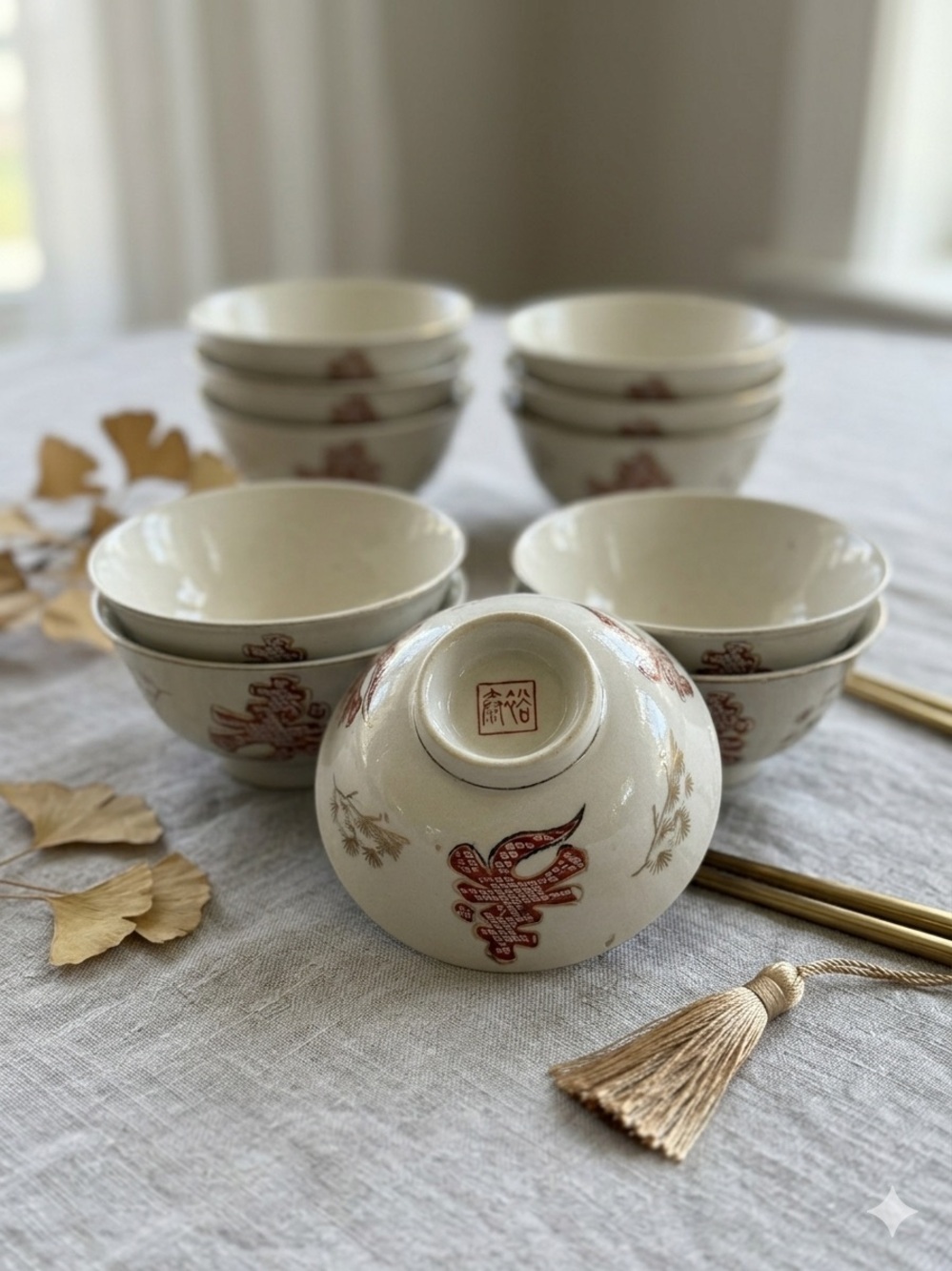 Vintage Style‎ Ceramic Rice Bowls with Red Floral Longevity - Set of 8 Gold Rim